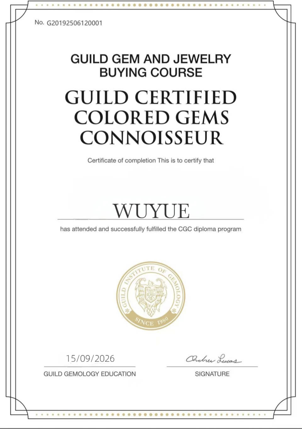 GUILD Certified Colored Gems Connoisseur 证书